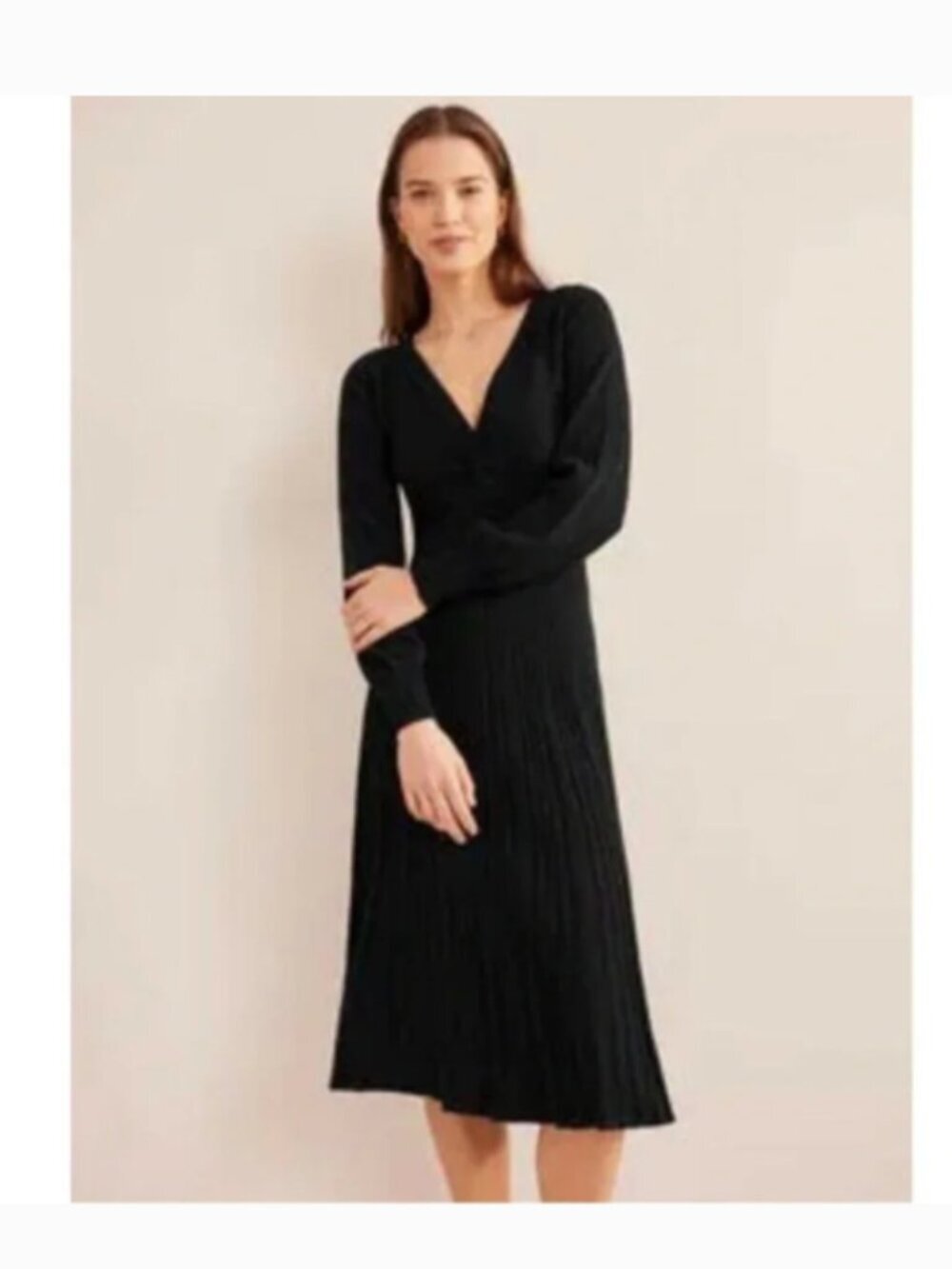 Boden Twist Front Knitted Midi Dress Blouson Sleeve Minimalist Neutral